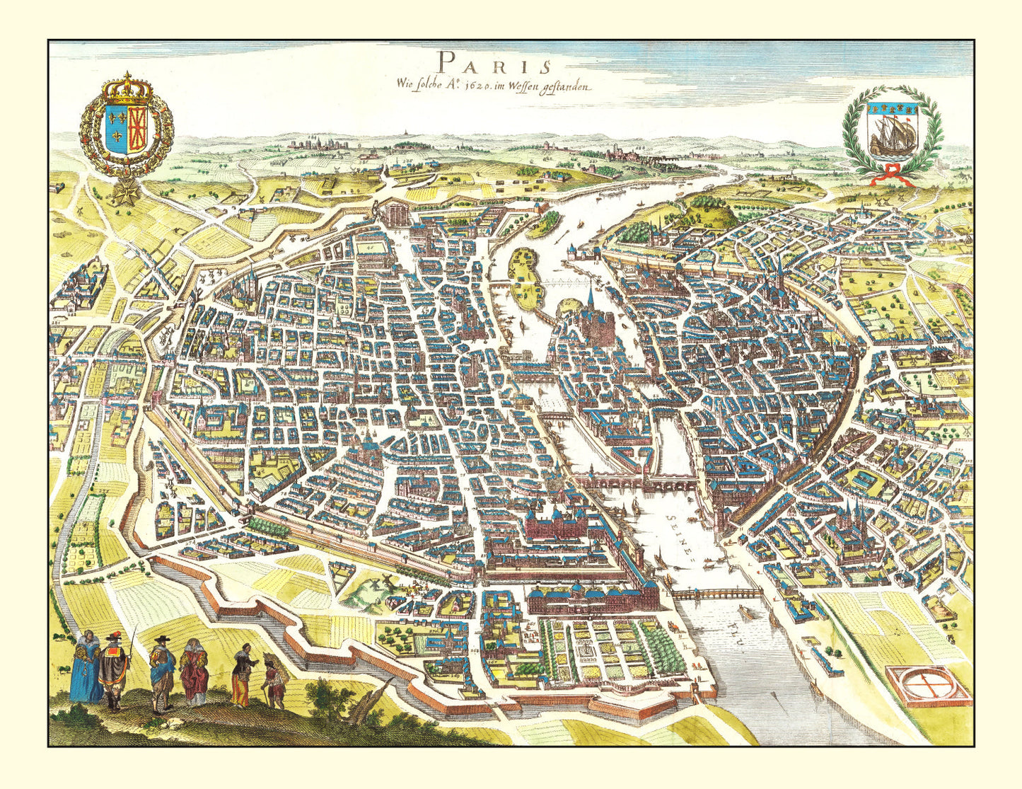 Vintage Map of Paris, France, 1655