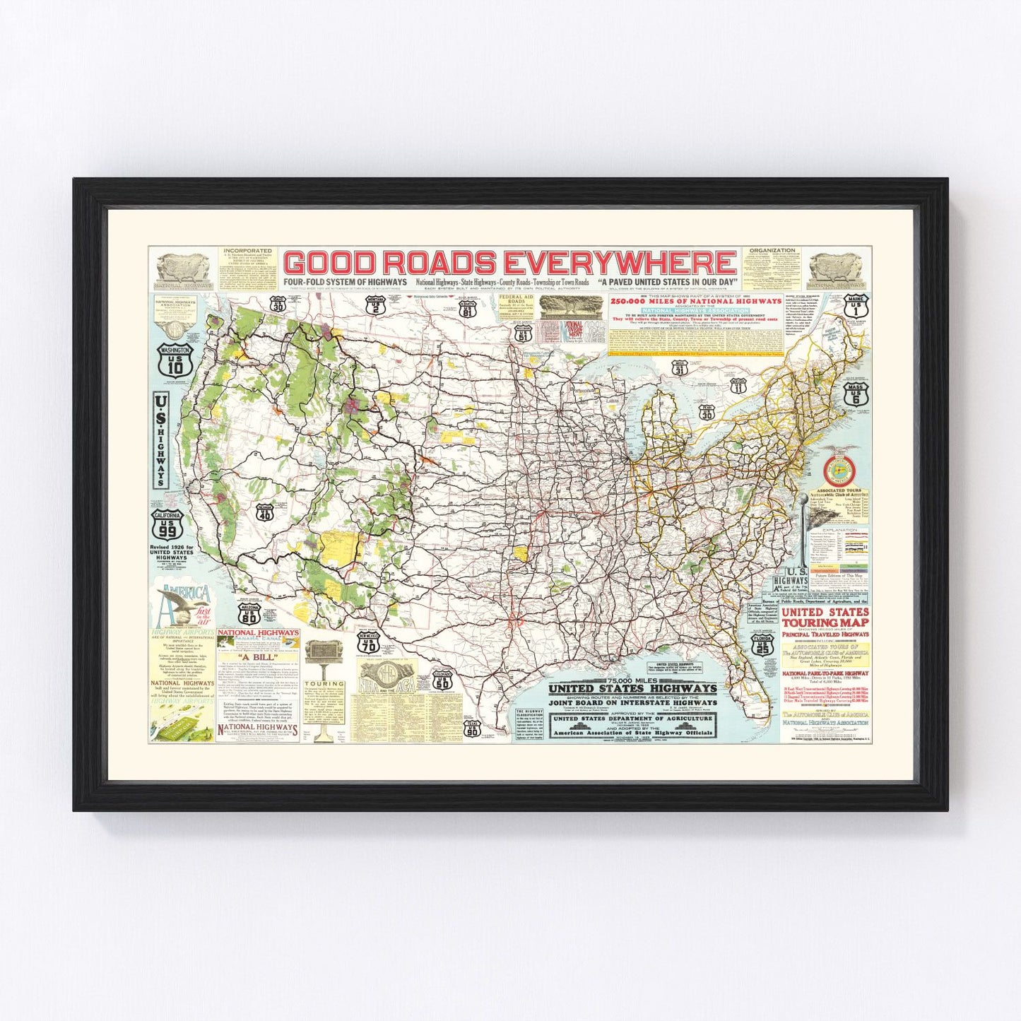 United States highways vintage map 1926, early road network restored print wall art