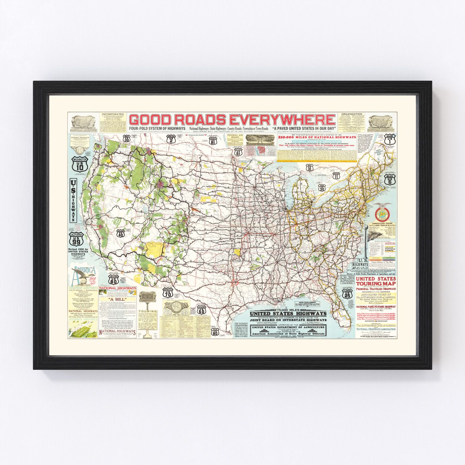 United States highways vintage map 1926, early road network restored print wall art
