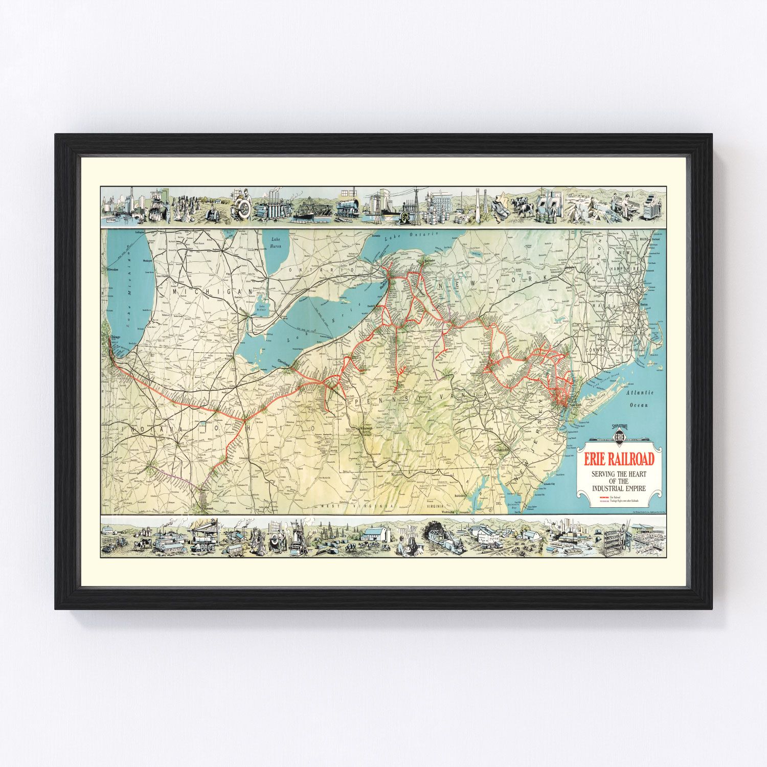Vintage Erie Railroad map, 1927, digitally restored rail network print