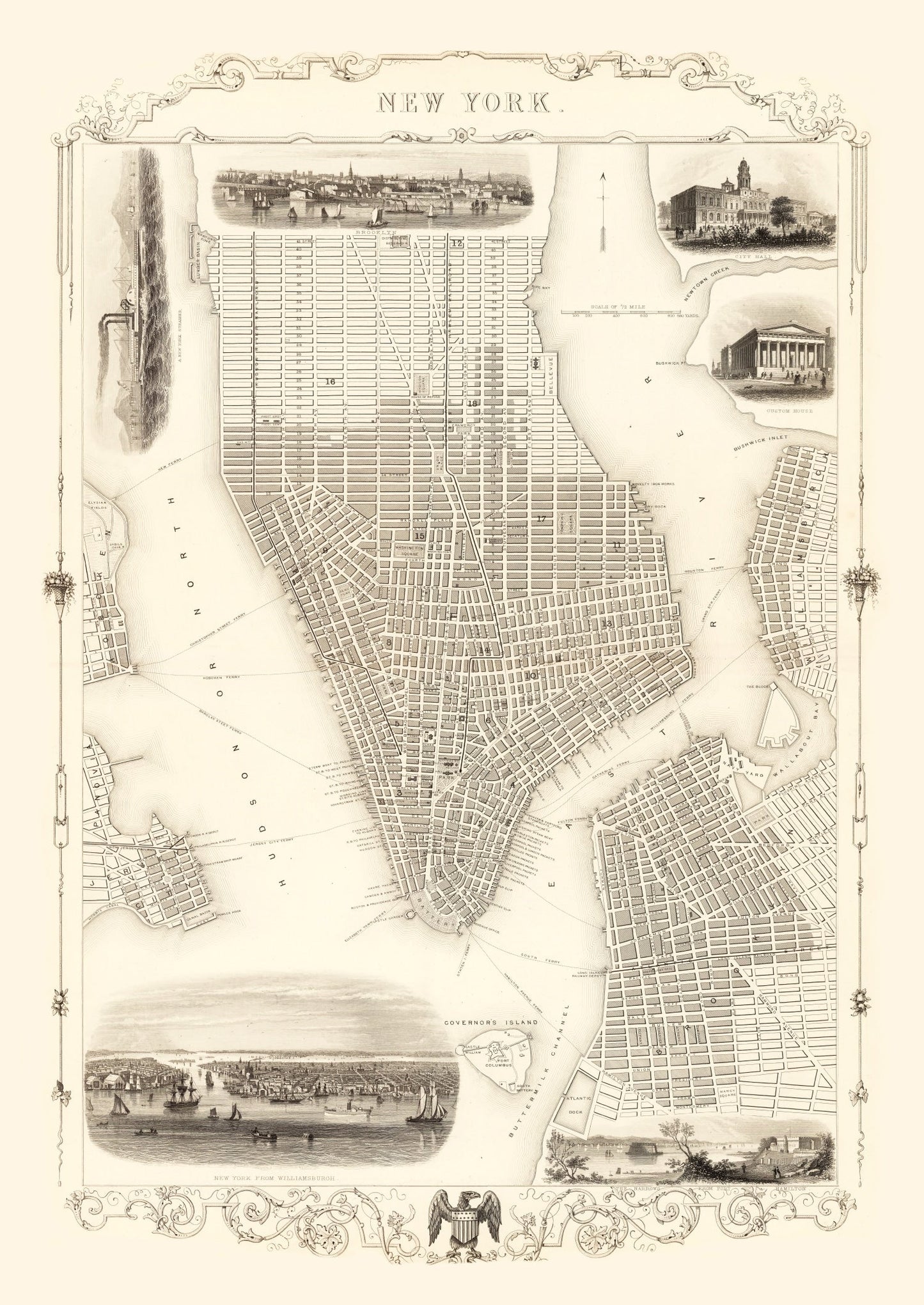 Vintage Map of New York City, New York, 1851