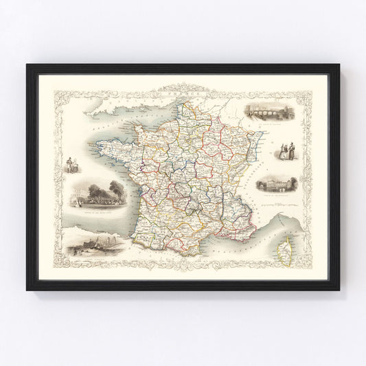 vintage map of France, 1851