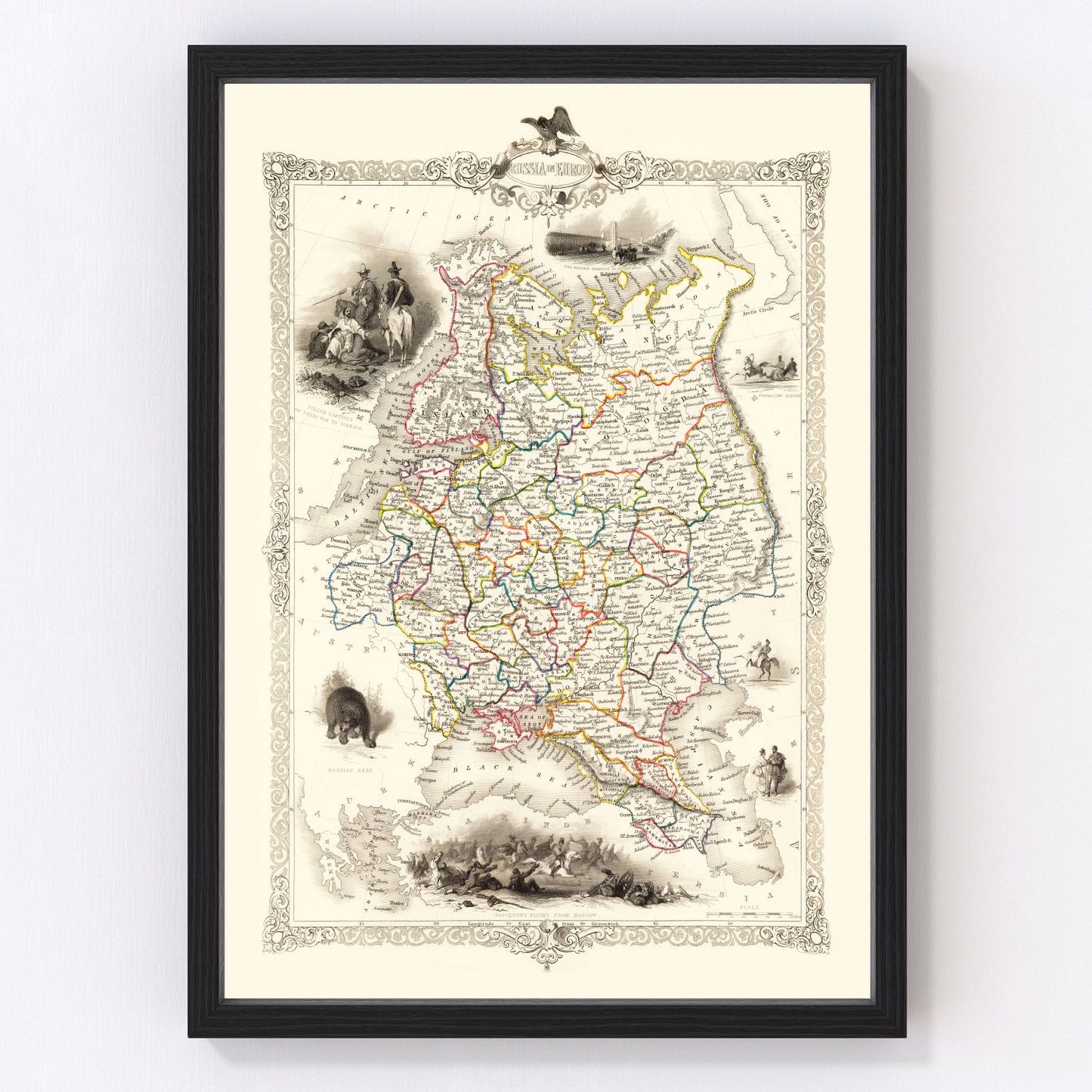 vintage map of Russia in Europe, 1851