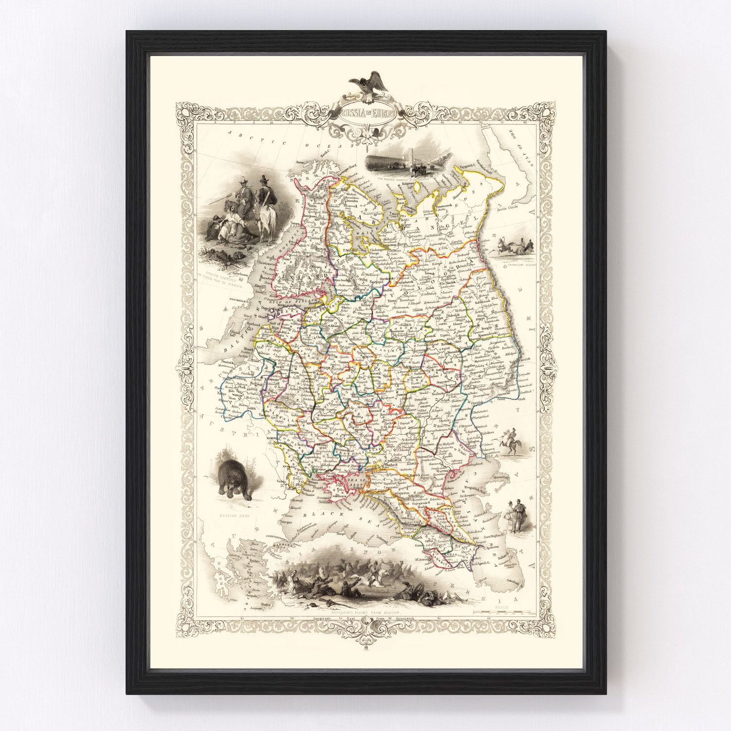 vintage map of Russia in Europe, 1851