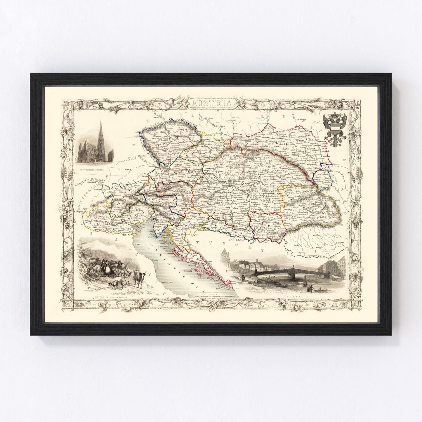 Vintage map of Austria, post-1848 revolution empire, 1851