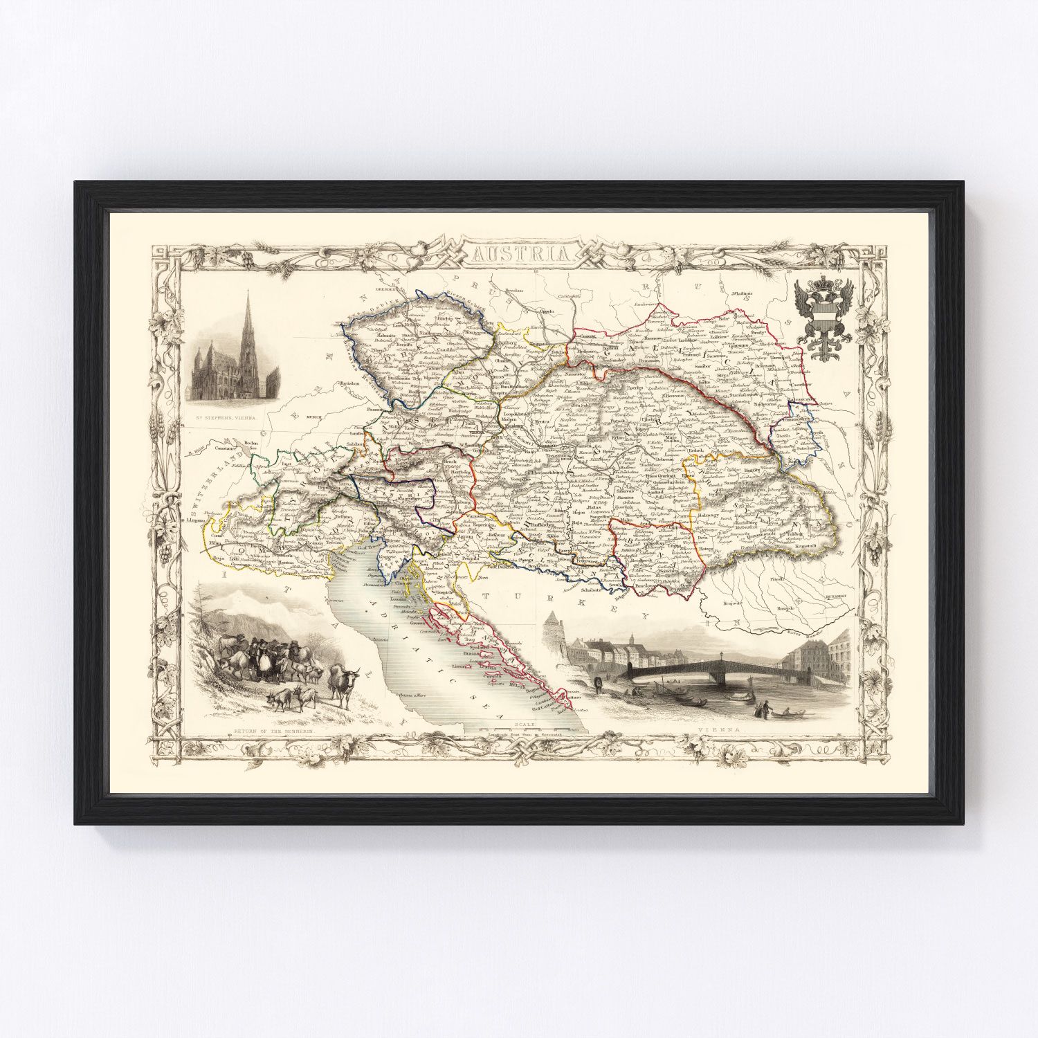 Vintage map of Austria, post-1848 revolution empire, 1851