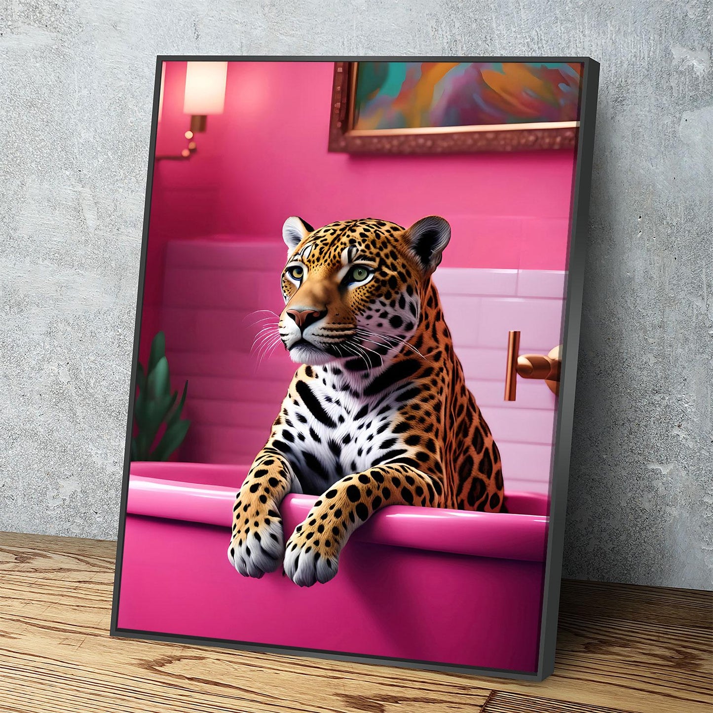 Jaguar relaxing in a pink bathtub canvas wall art for bathroom decor