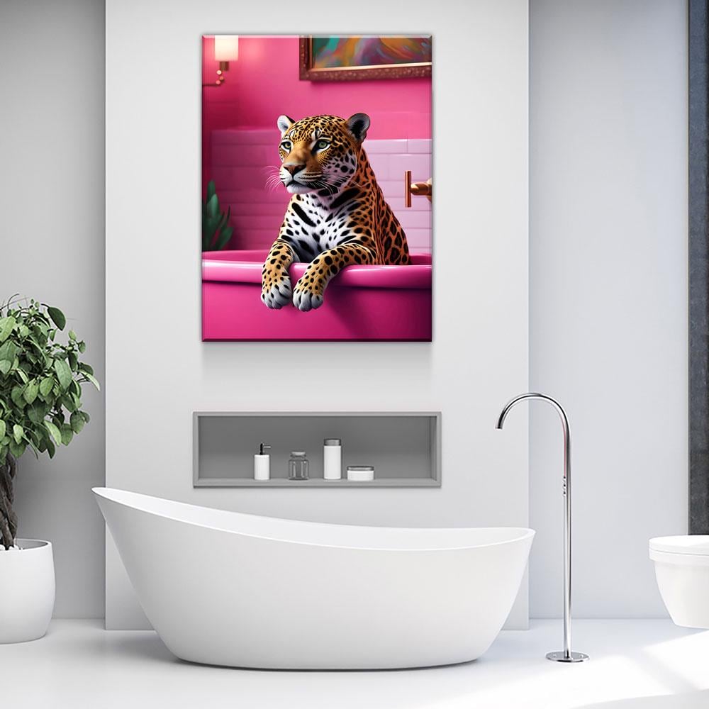 Jaguar In Bathtub Pink Bathroom Canvas Art