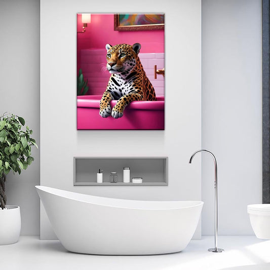 Jaguar In Bathtub Pink Bathroom Canvas Art