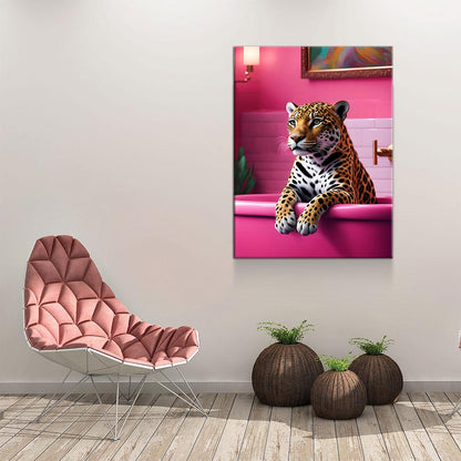 Jaguar In Bathtub Pink Bathroom Canvas Art