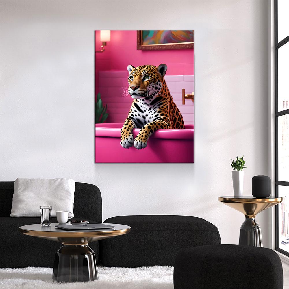 Jaguar In Bathtub Pink Bathroom Canvas Art