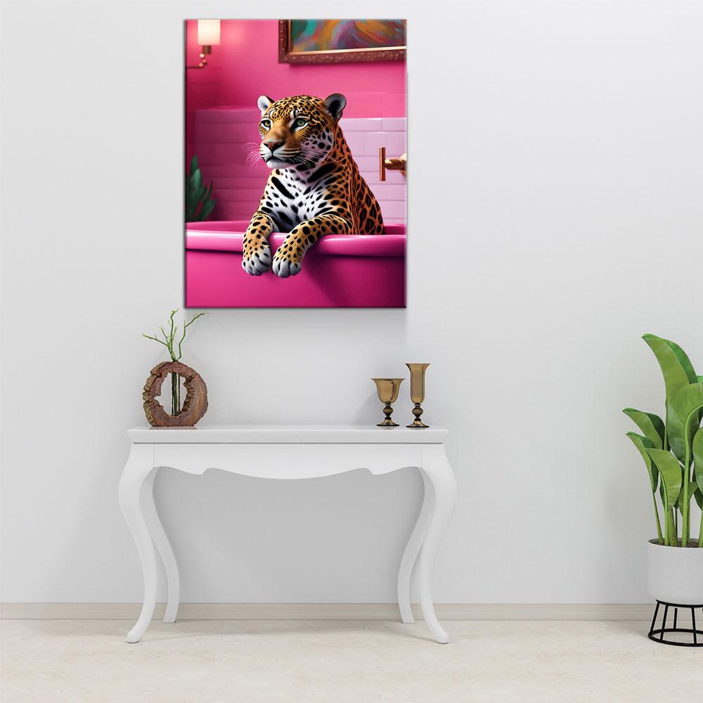 Jaguar In Bathtub Pink Bathroom Canvas Art
