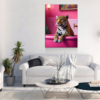 Jaguar In Bathtub Pink Bathroom Canvas Art