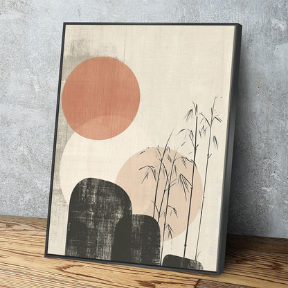 Japandi Red Sun Bamboo textured canvas wall art in a reading nook