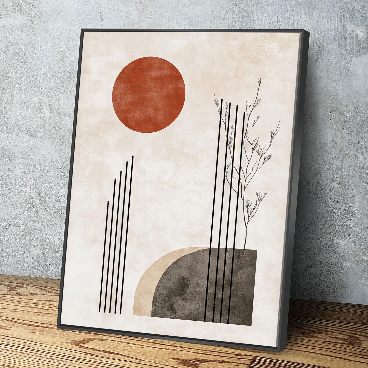 Japandi Red Sun In Woods zen canvas wall art in a calm bedroom