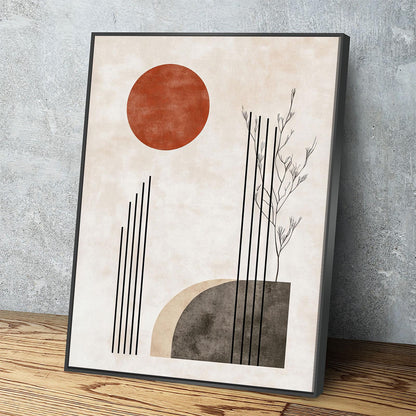 Japandi Red Sun In Woods zen canvas wall art in a calm bedroom