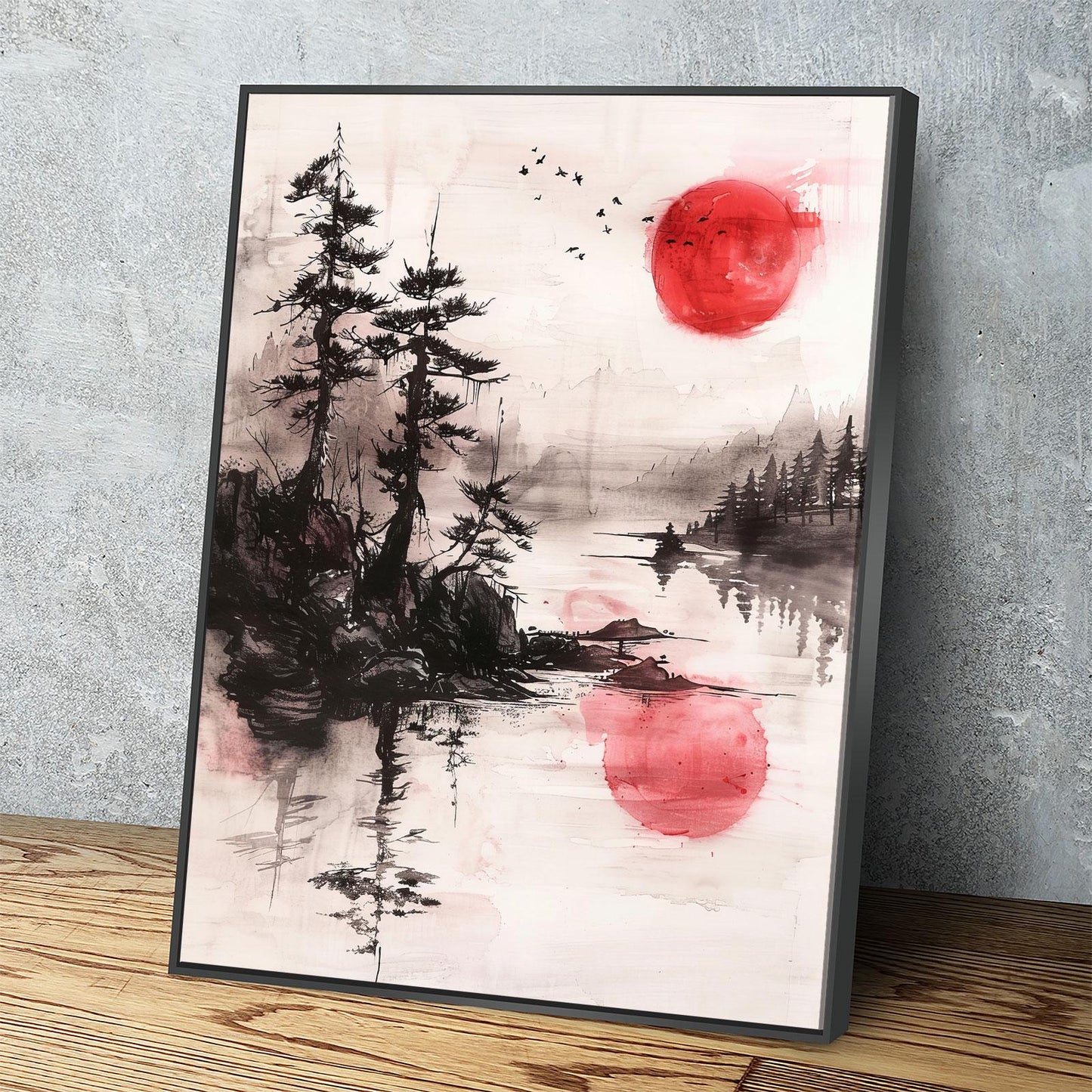 Japandi Red Sun On Water zen canvas wall art in a calm bedroom