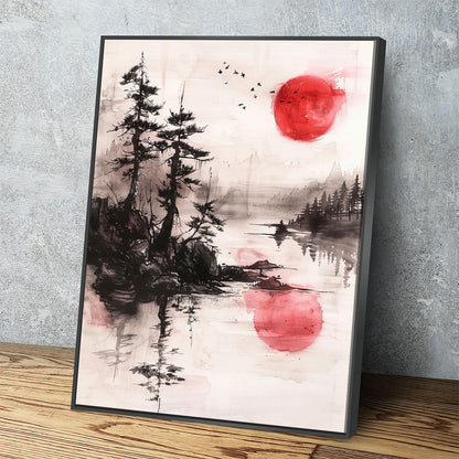 Japandi Red Sun On Water zen canvas wall art in a calm bedroom