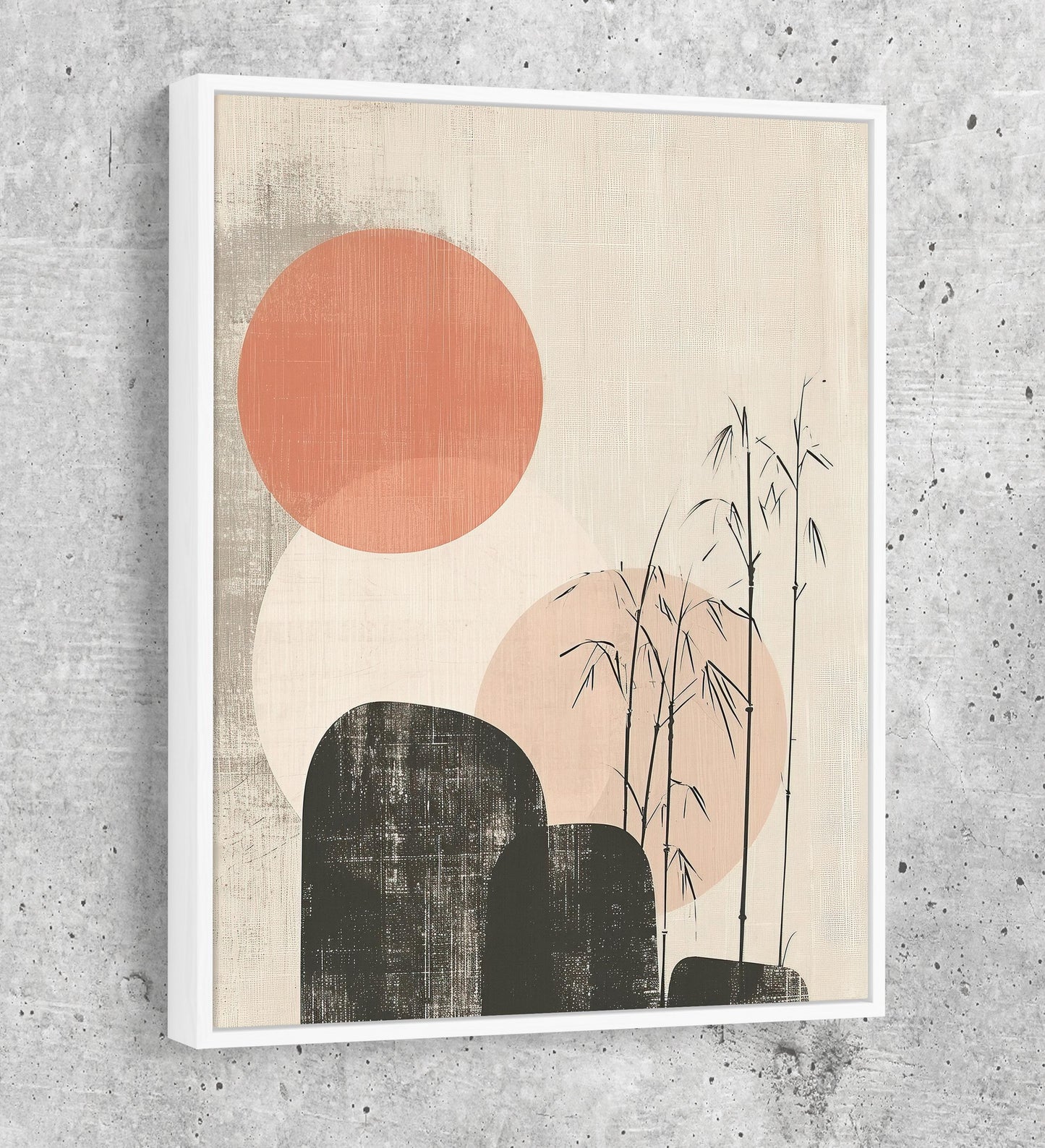 Japandi Red Sun Bamboo Textured Canvas Art