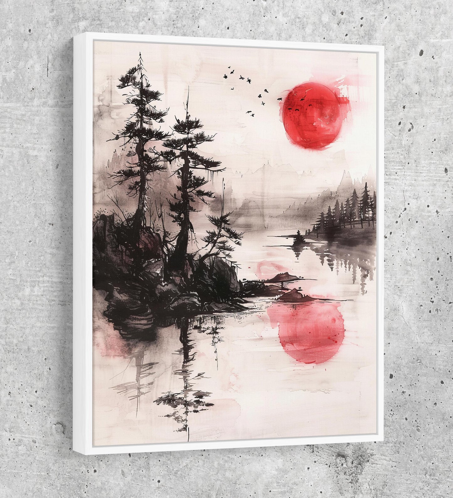 Japandi Red Sun On Water Zen Canvas Wall Art