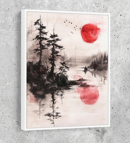 Japandi Red Sun On Water Zen Canvas Wall Art