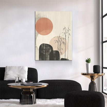 Japandi Red Sun Bamboo Textured Canvas Art