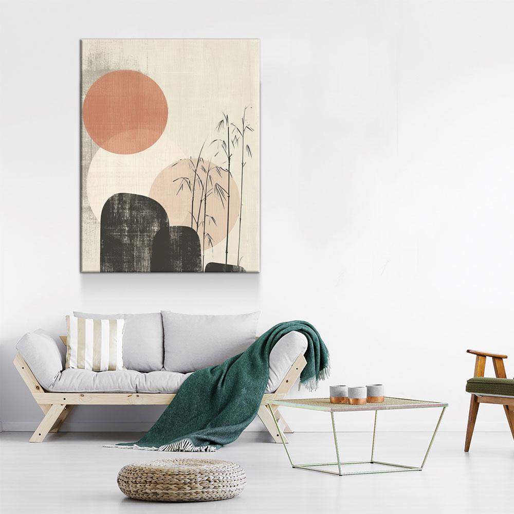 Japandi Red Sun Bamboo Textured Canvas Art
