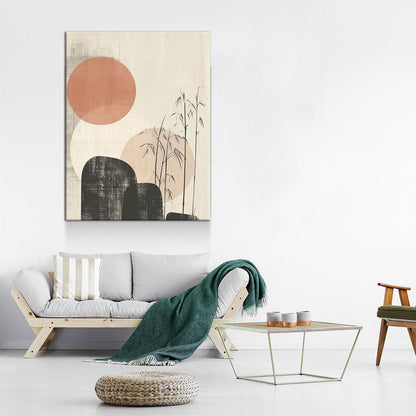 Japandi Red Sun Bamboo Textured Canvas Art