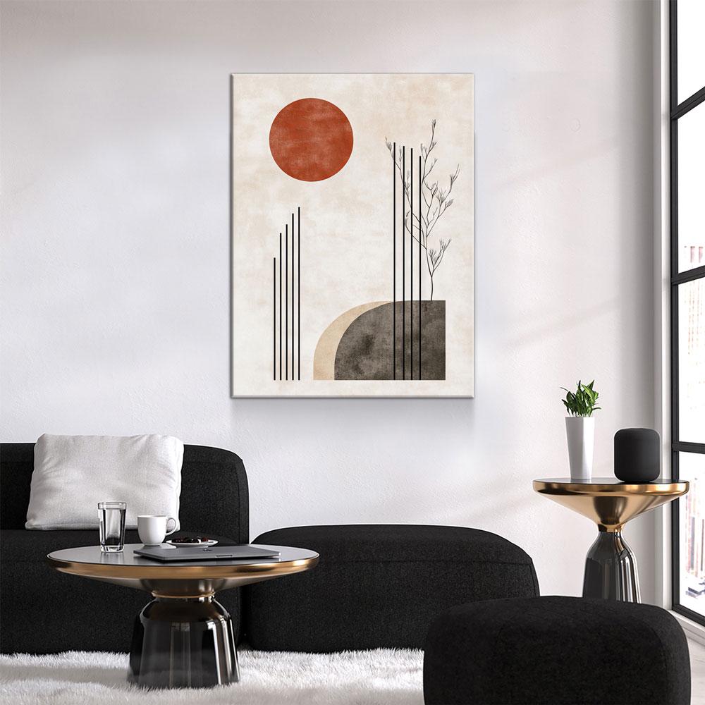Japandi Red Sun In Woods Zen Canvas Wall Art