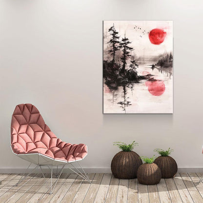 Japandi Red Sun On Water Zen Canvas Wall Art