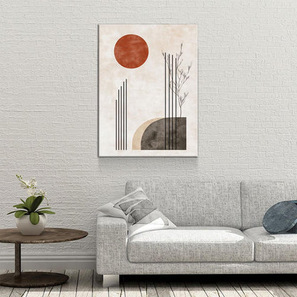 Japandi Red Sun In Woods Zen Canvas Wall Art