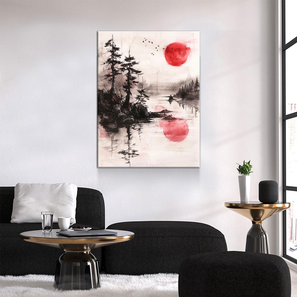 Japandi Red Sun On Water Zen Canvas Wall Art