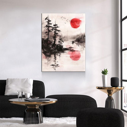 Japandi Red Sun On Water Zen Canvas Wall Art