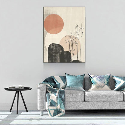 Japandi Red Sun Bamboo Textured Canvas Art