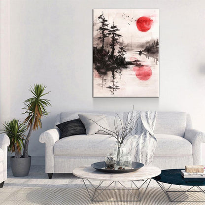 Japandi Red Sun On Water Zen Canvas Wall Art
