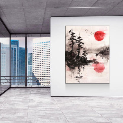 Japandi Red Sun On Water Zen Canvas Wall Art