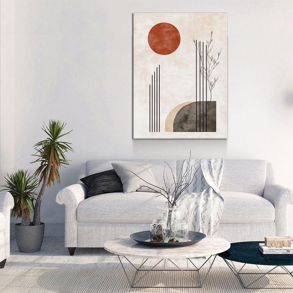 Japandi Red Sun In Woods Zen Canvas Wall Art