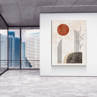 Japandi Red Sun In Woods Zen Canvas Wall Art