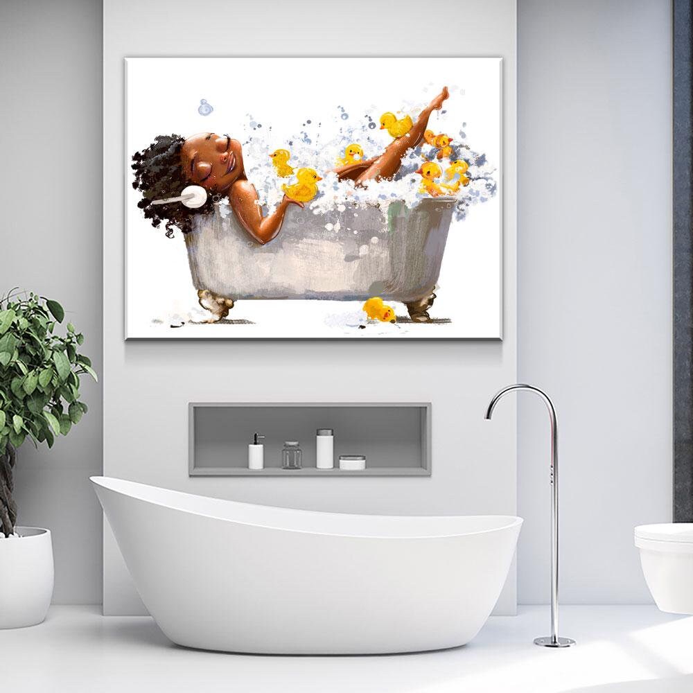 African Woman In Tub Canvas Wall Art, Bathroom Decor