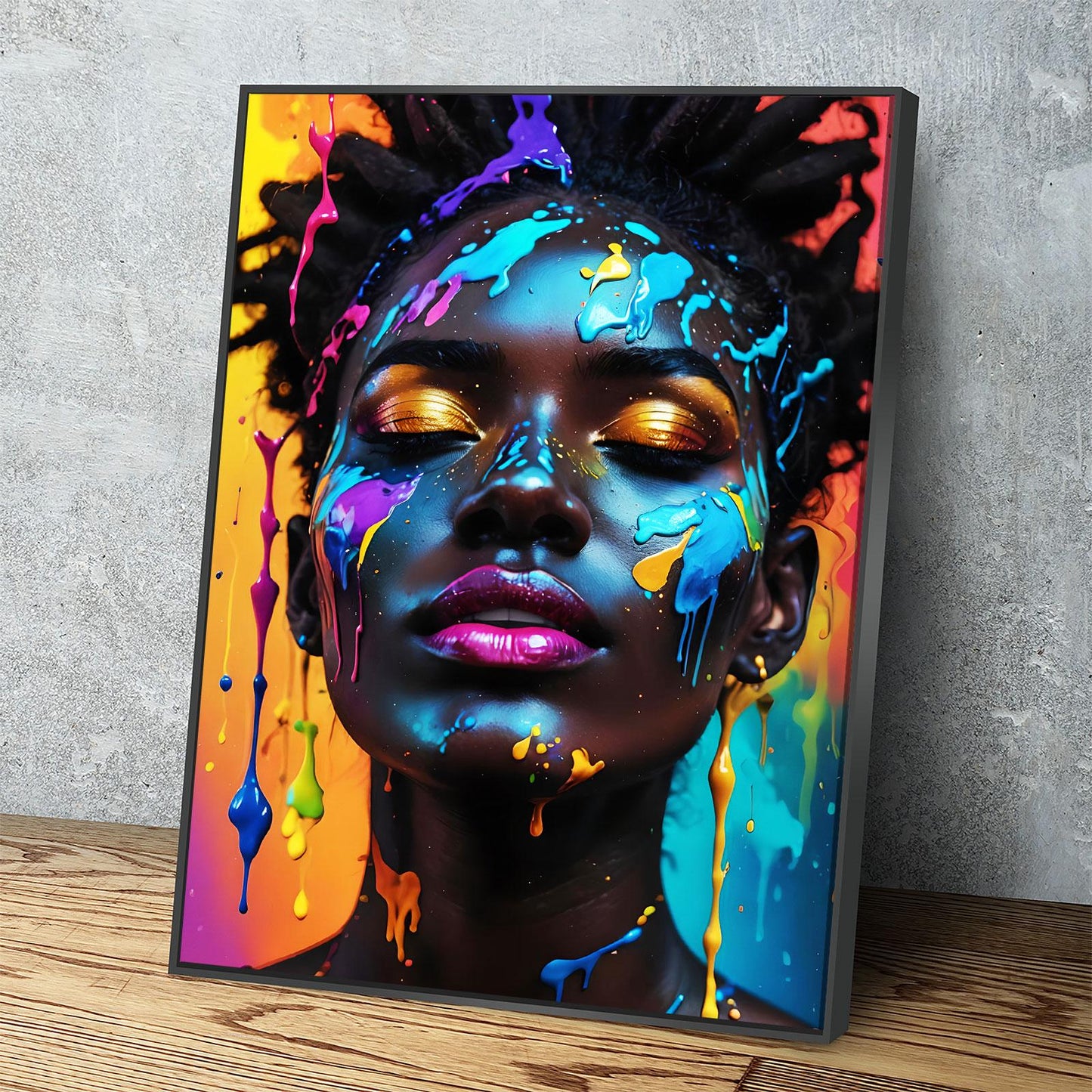 Fashion portrait canvas wall art with colorful paint splatter design