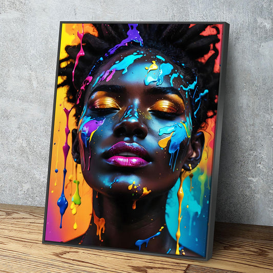 Fashion portrait canvas wall art with colorful paint splatter design