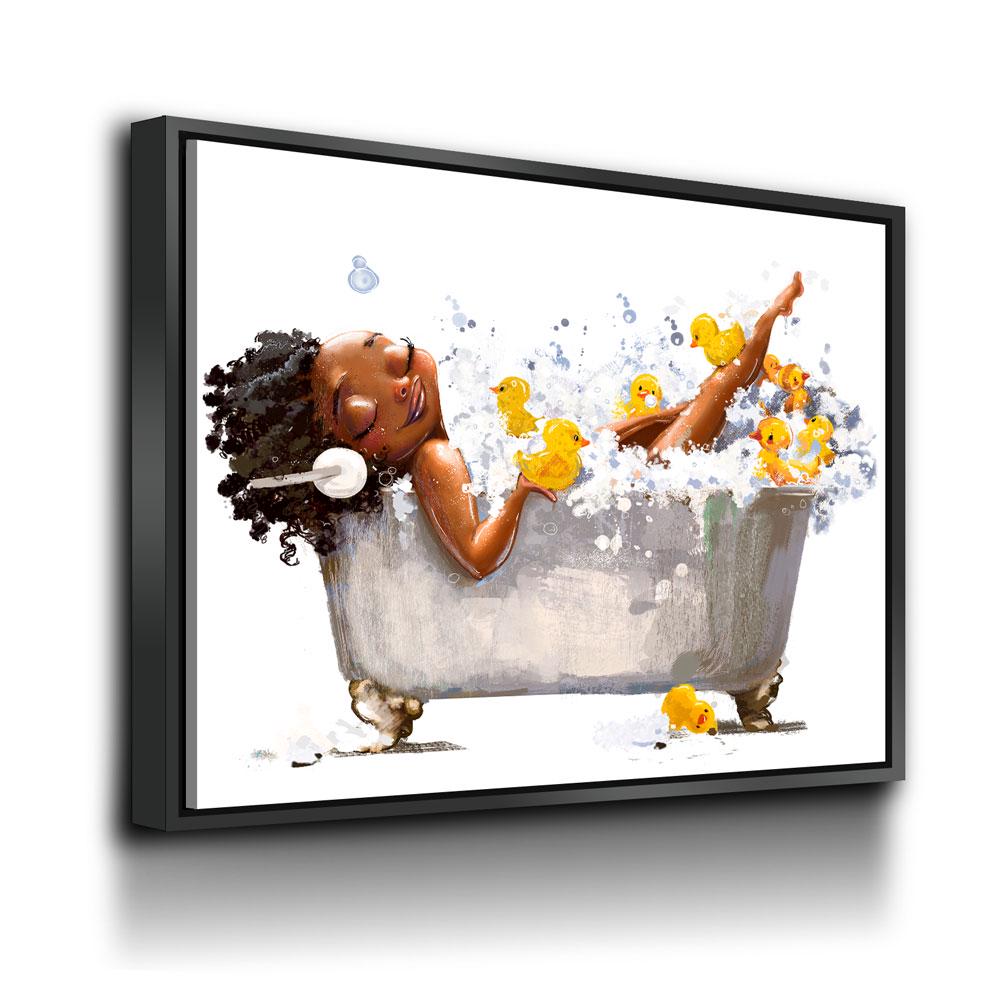 African American woman in bathtub with headphones canvas wall art, yellow ducks