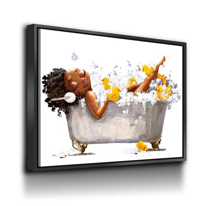 African American woman in bathtub with headphones canvas wall art, yellow ducks