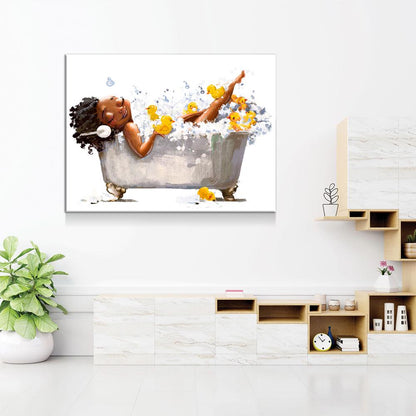 African Woman In Tub Canvas Wall Art, Bathroom Decor