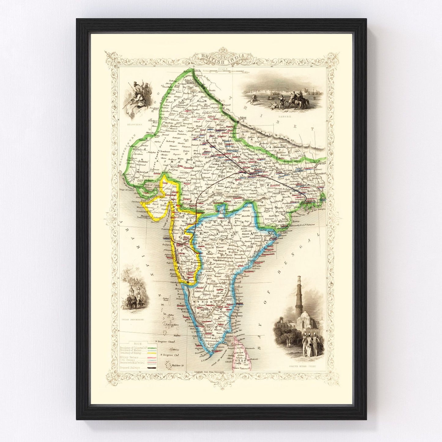 vintage map of British India 1851, restored print wall art