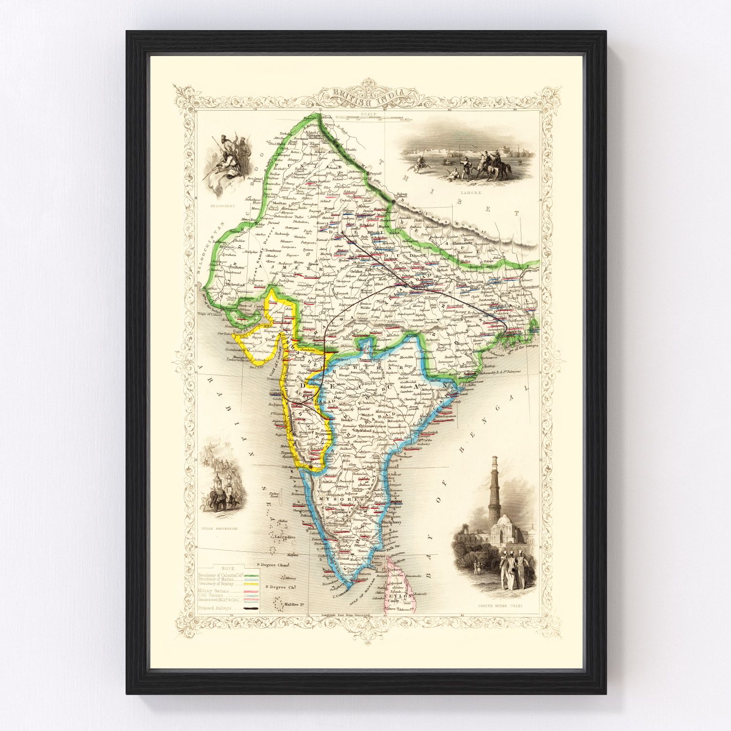 vintage map of British India 1851, restored print wall art