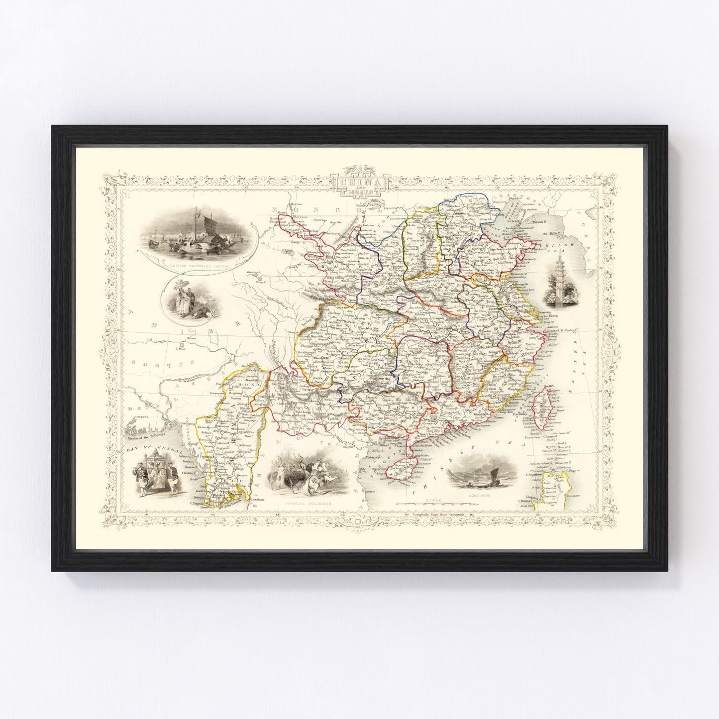 Vintage map of China and Burma, 1851, historical cartography