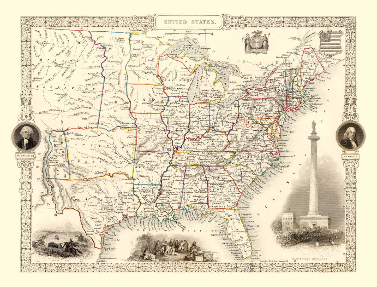 Vintage Map of the United States, 1851