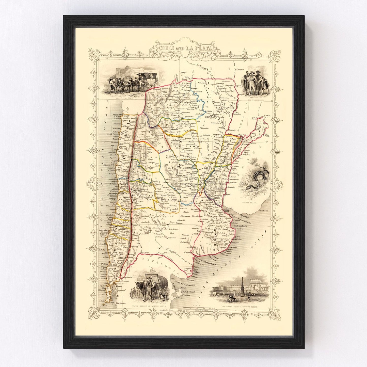 Vintage map of Chile and La Plata, 1851 - digitally restored wall art print