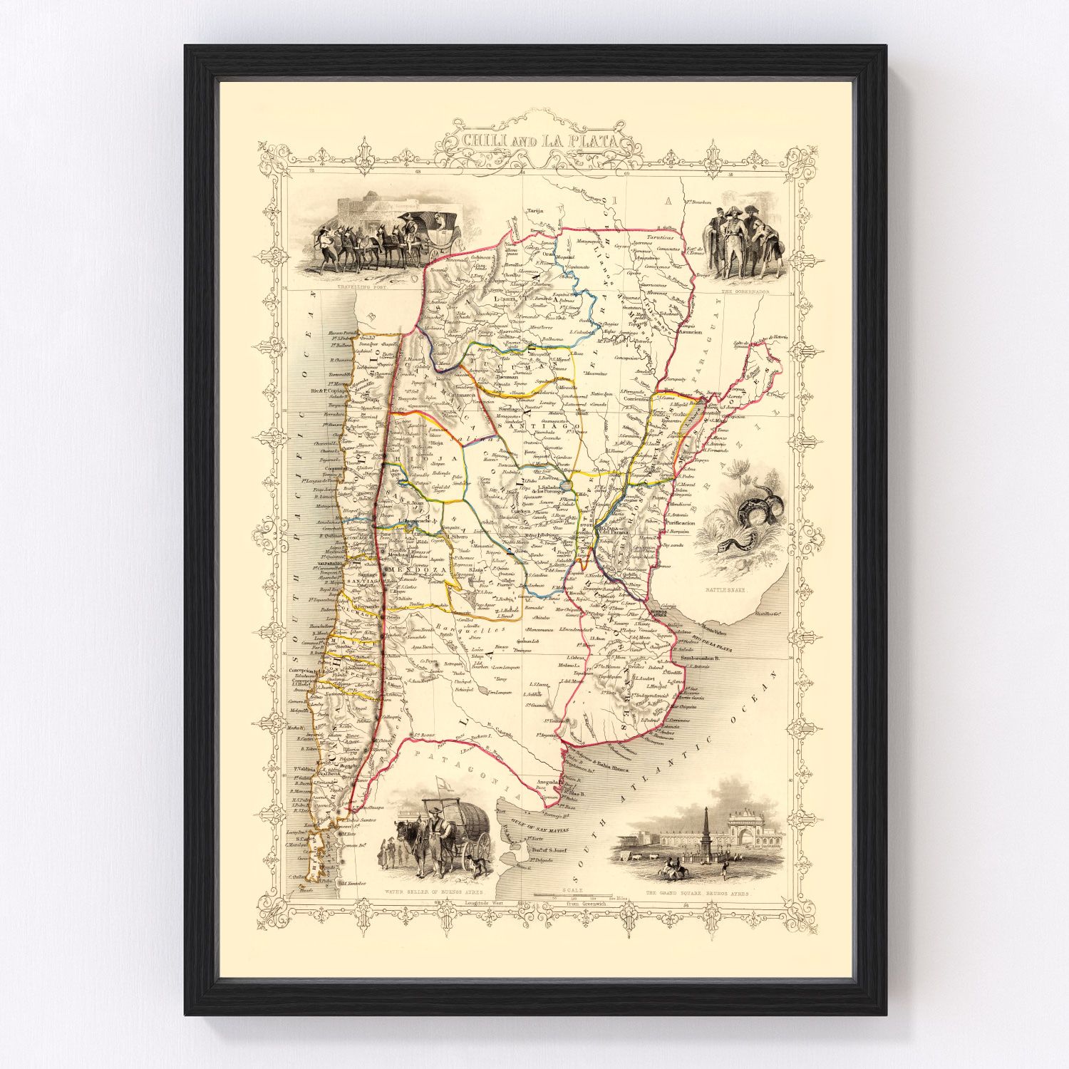 Vintage map of Chile and La Plata, 1851 - digitally restored wall art print